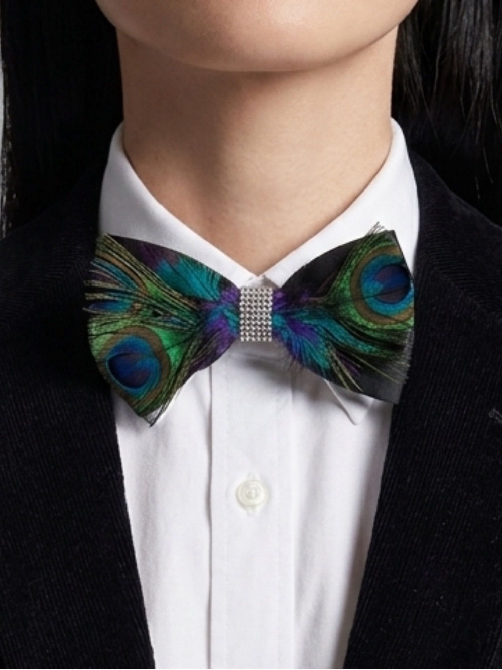 Handmade Peacock Feather Bow Tie with Rhinestone Center